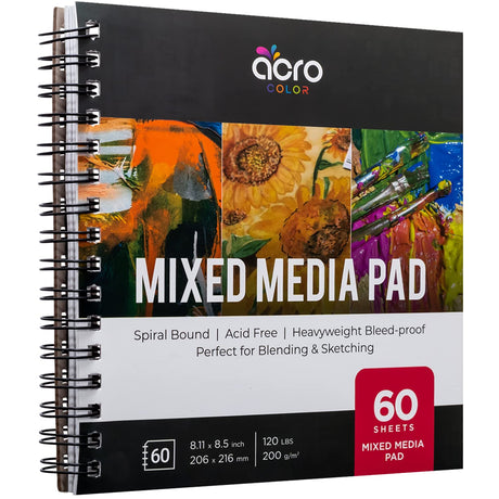 Mixed Media Sketchbook 8.11” x 8.5” | Spiral Bound Sketch Pad With Thick, Heavyweight Paper, 200 GSM, 120 LBS | Art Sketch Book For All Wet & Dry Media - Watercolor, Paint, Pencils, Charcoal, Pens | Acro Color