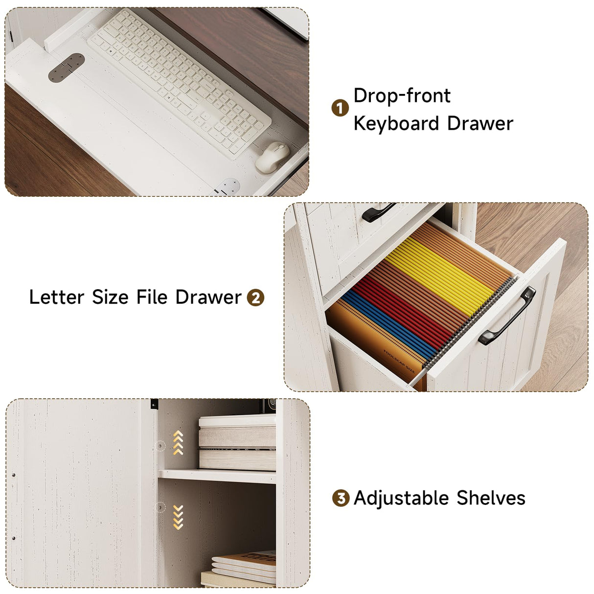 56" Farmhouse Executive Desk with File Drawer, Large Modern Computer Desk with Charging Station, Wood Home Office Desks with Storage, Adjustable Shelf, for Study Work Writing Living Room (White) ONBRILL