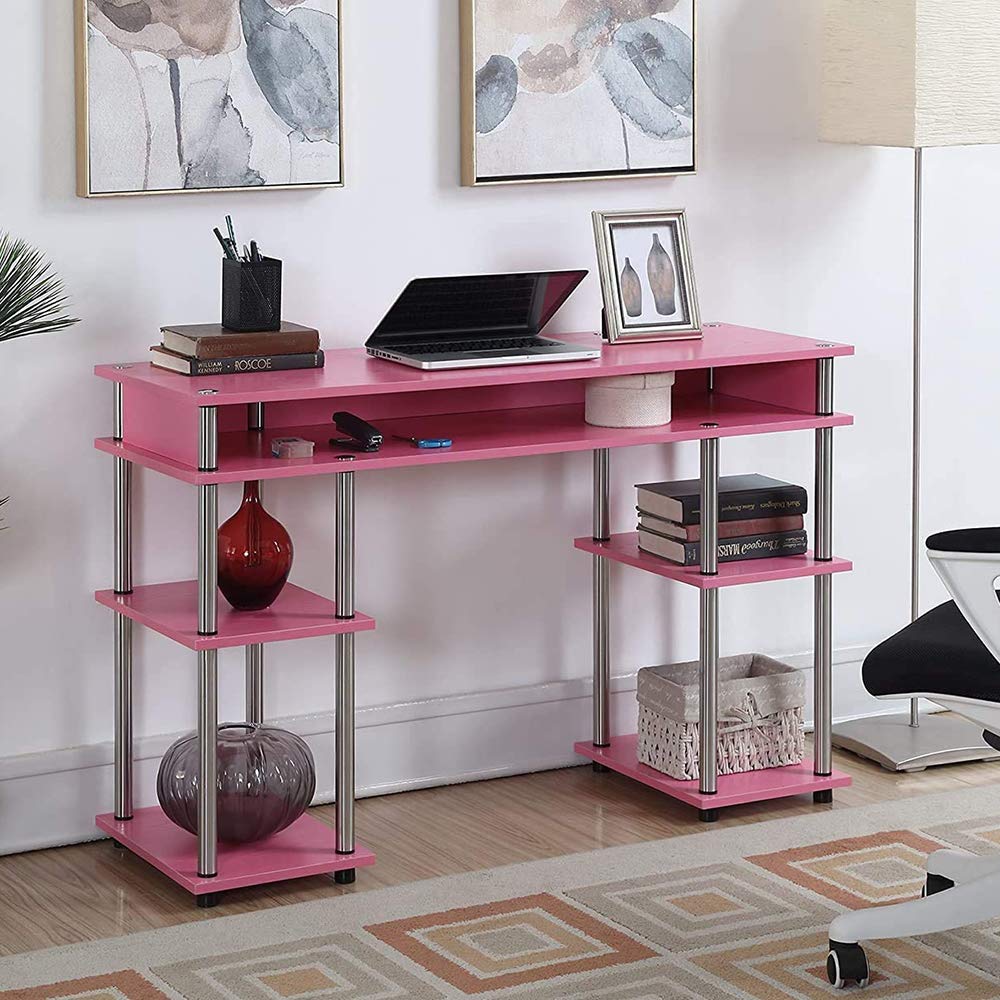 Convenience Concepts Designs2Go No Tools Desk Home Office Desk with Shelves, Corner Shelf Vanity Desk Computer Desk Nail Table for Nail Tech - 47.25" L x 15.75" W x 30" H, Pink Convenience Concepts