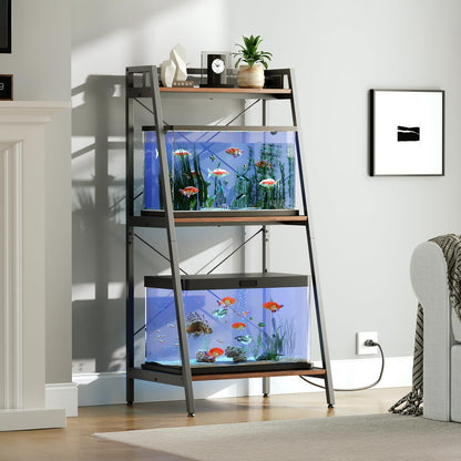 Herture 5-10 Gallon Fish Tank Stand with Shelf, Metal Frame Aquarium Stand with Storage and Power Outlet, for 2 x Fish Tank, 20.47" L*15.11" W Reptile Tank Rustic Brown PG10YGN