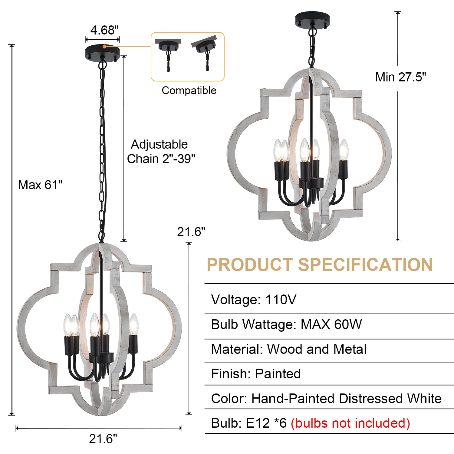 lighceac 6-Light 21" Farmhouse Orb Chandelier Rustic Handmade Distressed White Wood Hanging Ceiling Pendant Light Fixture Wood Lantern Chandeliers for Dining Room Kitchen Bedroom Foyer Hallwa - WoodArtSupply