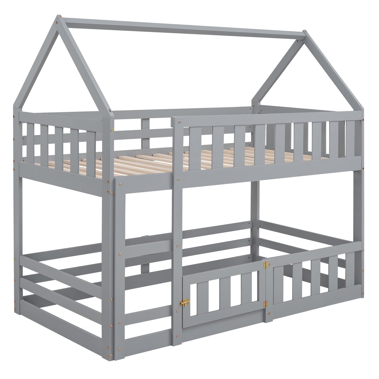 LZ LEISURE ZONE Grey Twin Over Twin Bunk Bed with House Design, Safety Fence, and Playful Door - WoodArtSupply