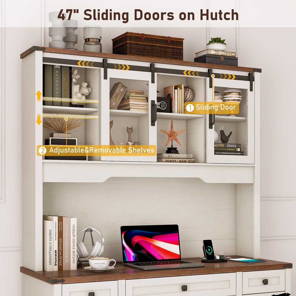 Hlivelood 76" Height Farmhouse Desk with Sliding Door Hutch, Wood Office Executive Workstation Computer Desk with Charging Station, Drawers and Storage Cabinet, for Work, Sturdy, Game, Rustic White Hlivelood