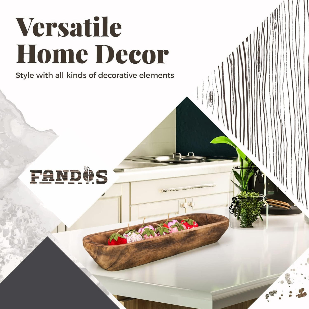 FANDOS Wooden Dough Bowl for Decor -17¾ in Long Dough Bowl Hand Carved Paulownia - Wood Bread Bowl for Decor - Rustic Decorative Long Wooden Bowl for Table Centerpiece FANDOS