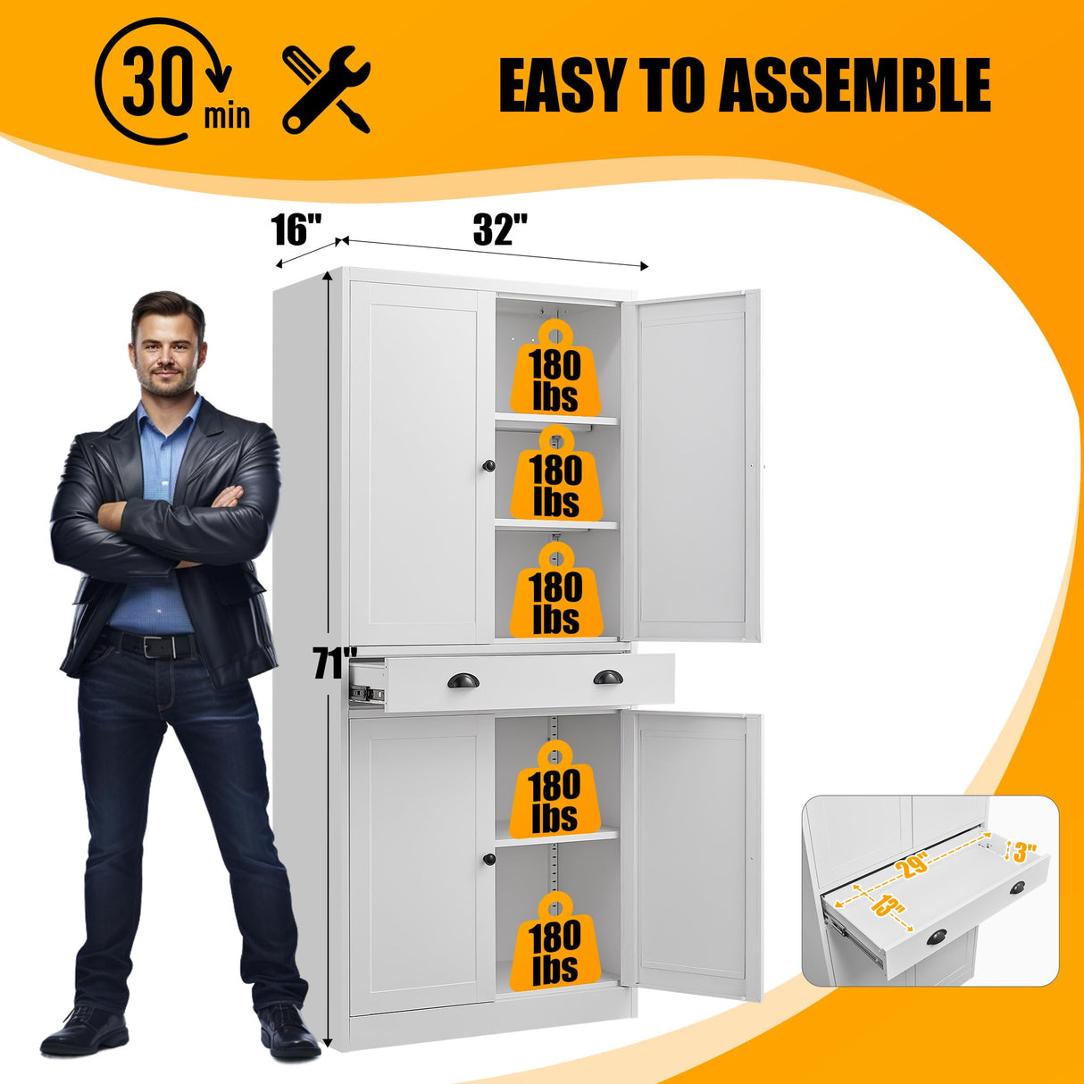 71" Kitchen Pantry Cabinet, Metal Storage Cabinets with Adjustable Shelves and Drawer, White Pantry Cabinets, 4 Doors Metal Pantries Cabinet for Kitchen, Dining Room, Living Room - Assembly Required MetalMax