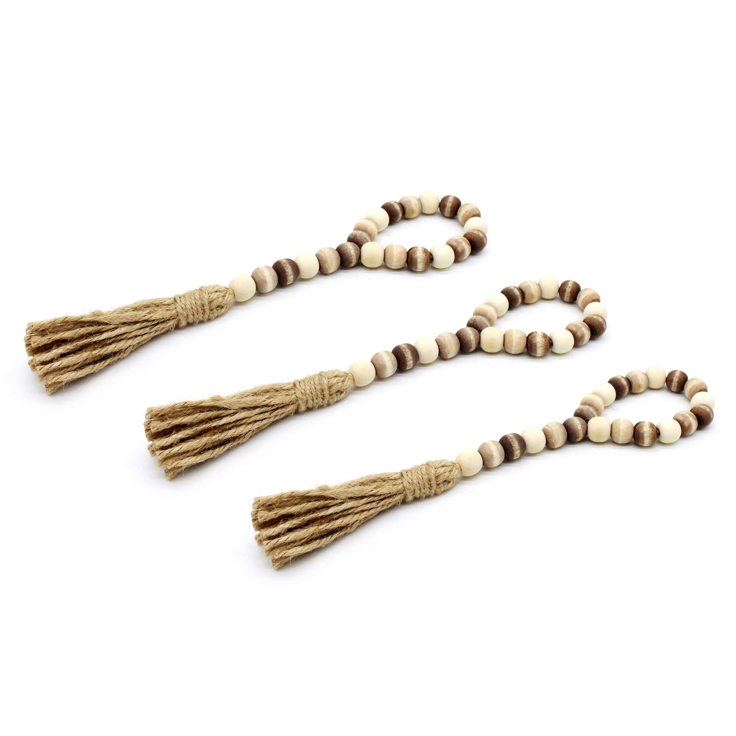 CVHOMEDECO. Wood Bead Garland with Tassels 3 PCS Farmhouse Rustic Wooden Prayer Beads String Wall Hanging Accent for Home Festival Decoration. Mix Distressed