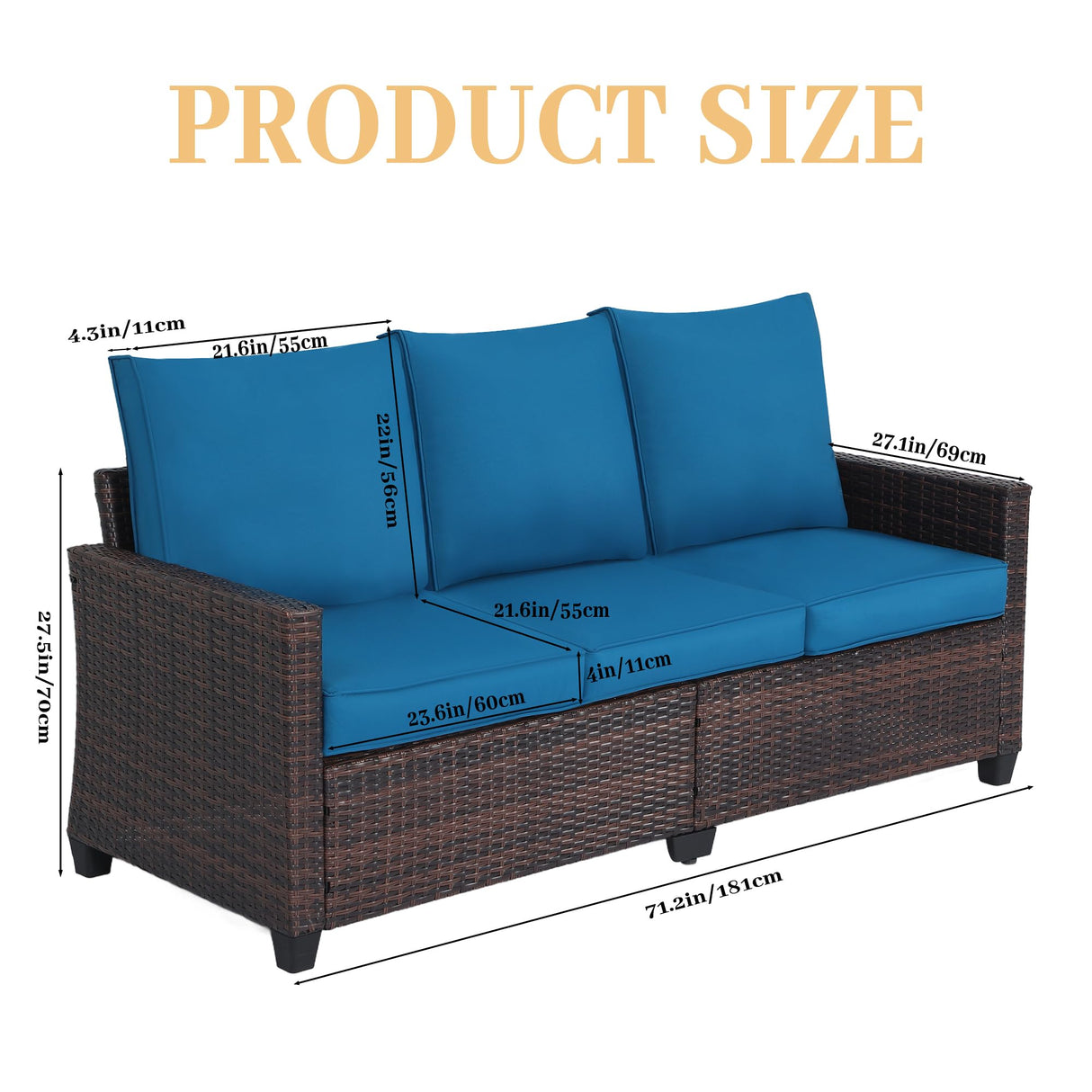 Hoffeorrad Rattan Outdoor Sofa 3-Seater - PE Woven Patio Couch with Waterproof Blue Cushions, Heavy-Duty Steel Frame for Garden, Poolside Outdoor Wicker Furniture Hoffeorrad