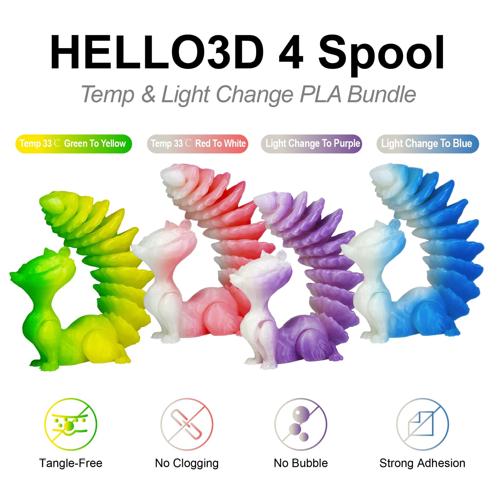 HELLO3D 3D Printer Filament Bundle,Green to Yellow/Red to White Color Change with Temperature Filament Set,UV or Sunlight Color Change to Blue/Purple PLA Filament 1.75mm,200g X 4 Spools Packs - WoodArtSupply