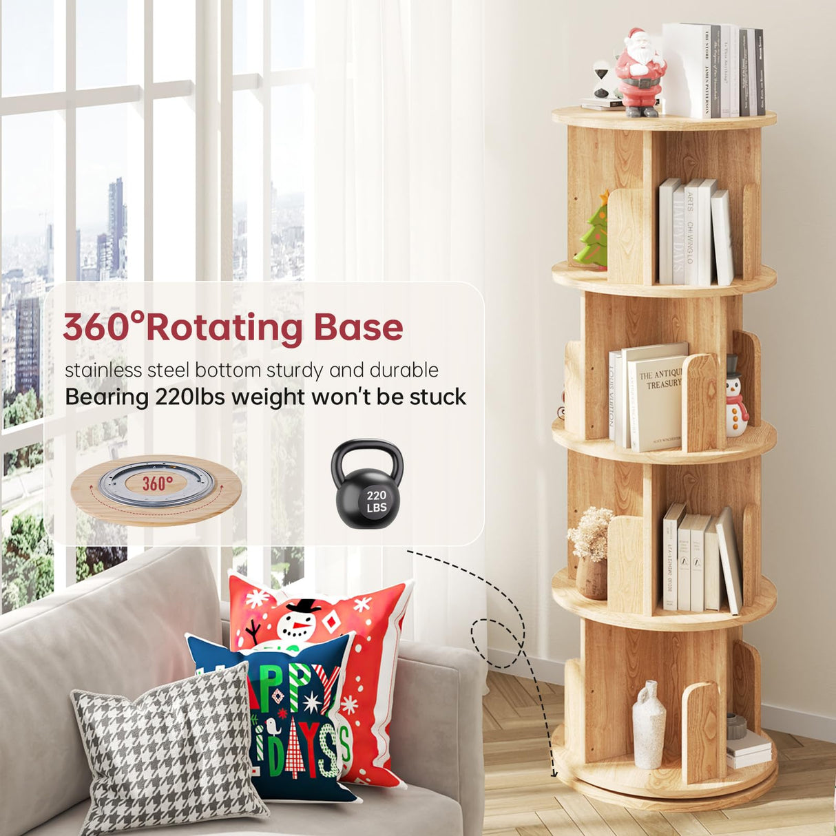 MXV Rotating Bookshelf, 360° Display 4-Tier Floor Standing Rotating Bookcase, Storage Rack for Kids&Adult, Multi-Functional Bookshelf Organizer for Bedroom, Study Room and Living Room MXV