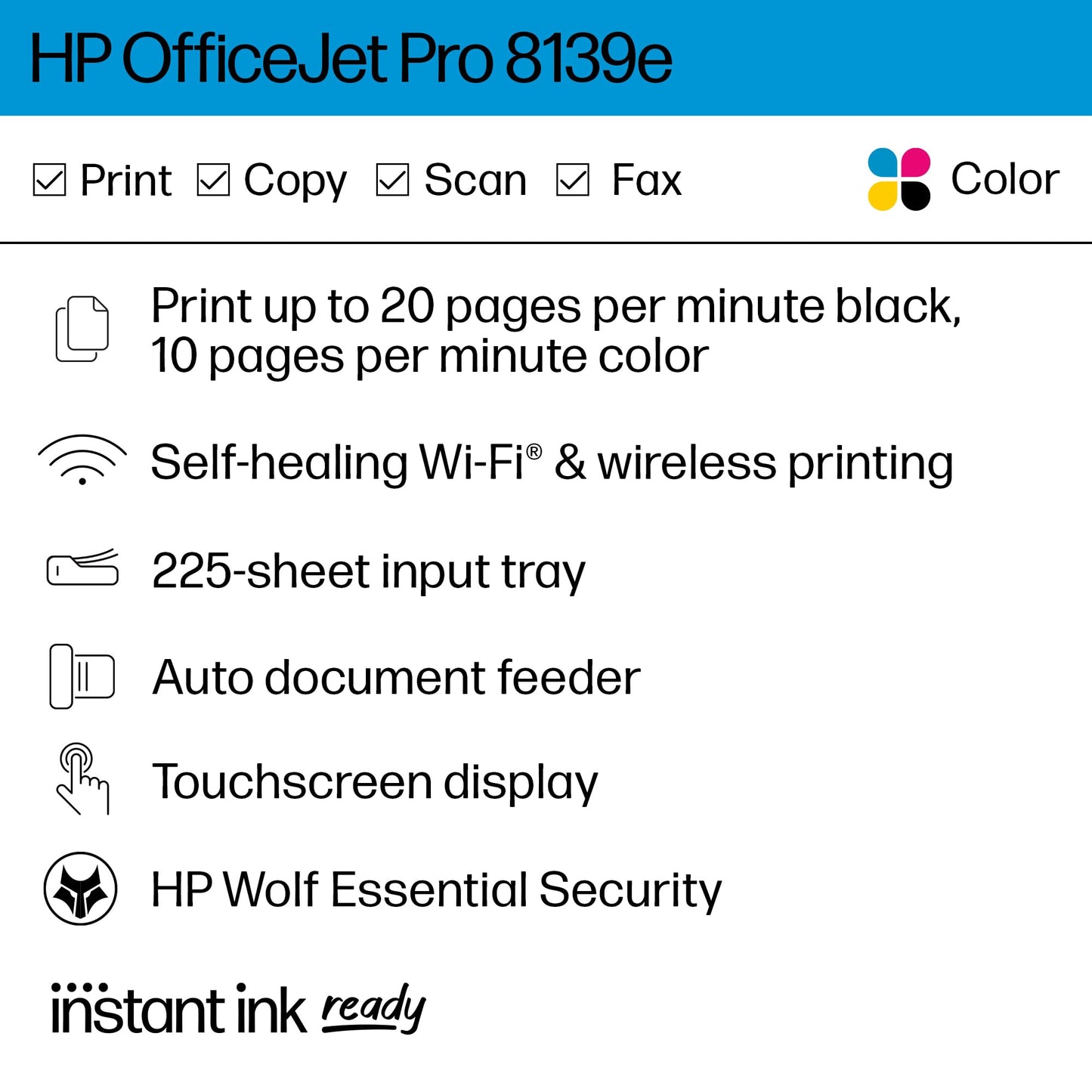 HP OfficeJet Pro 8139e Wireless All-in-One Color Inkjet Printer, Print, scan, Copy, fax, ADF, Duplex Printing Best-for-Home Office, 1 Year of Instant Ink Included