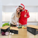 Dekosilave Kitchen Vegetable Storage Set of 3, Metal Onion Garlic Potato Storage Set, Kitchen Canisters Vegetable Keeper Containers with Aerating Holes and Wooden Lid (Black) Dekosilave