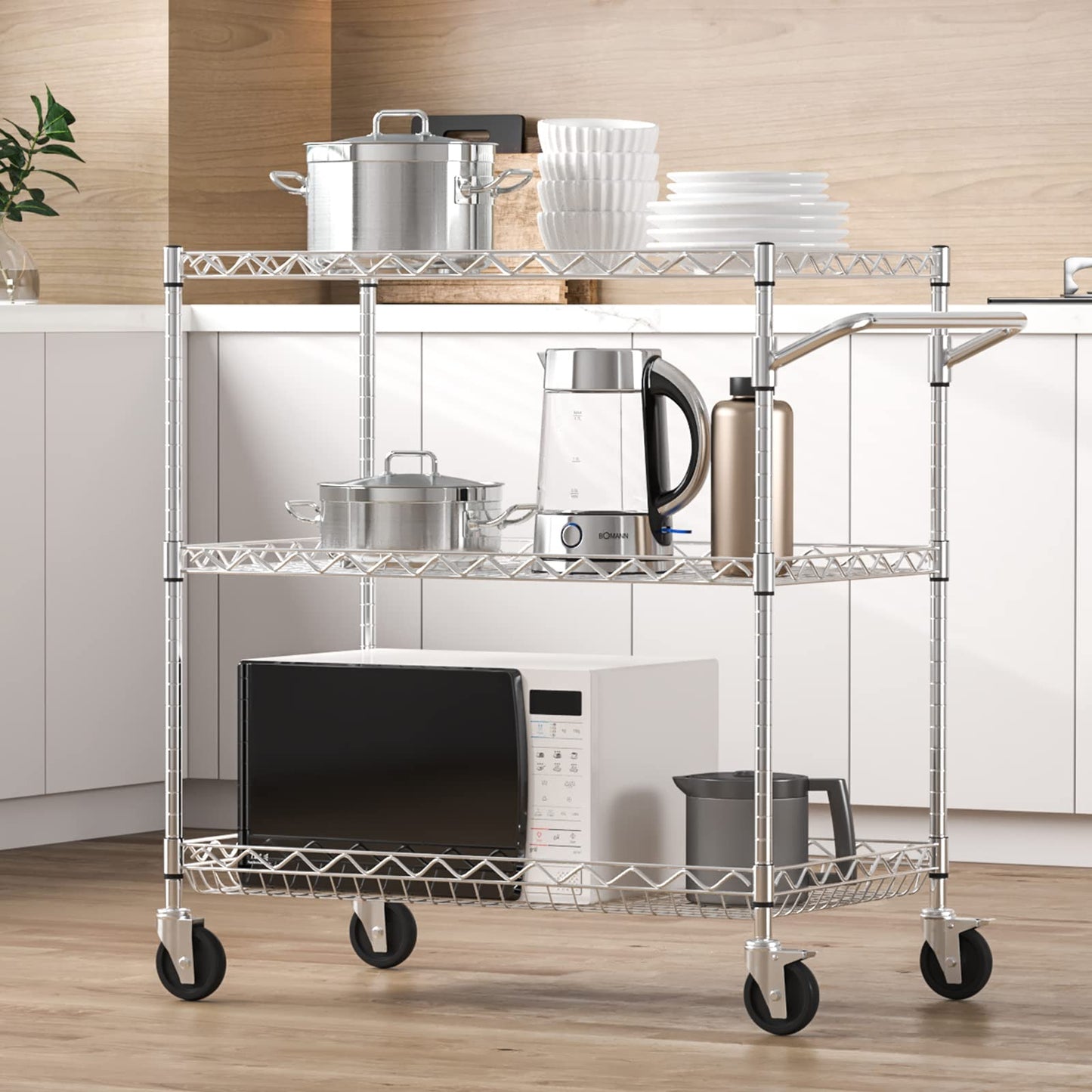 VEVOR Kitchen Utility Cart, 3 Tiers, Wire Rolling Cart with 661 LBS Capacity, Steel Service Cart on Wheels, Metal Storage Trolley with 80 mm Deep Basket Curved Handle 6 Hooks, NSF Listed