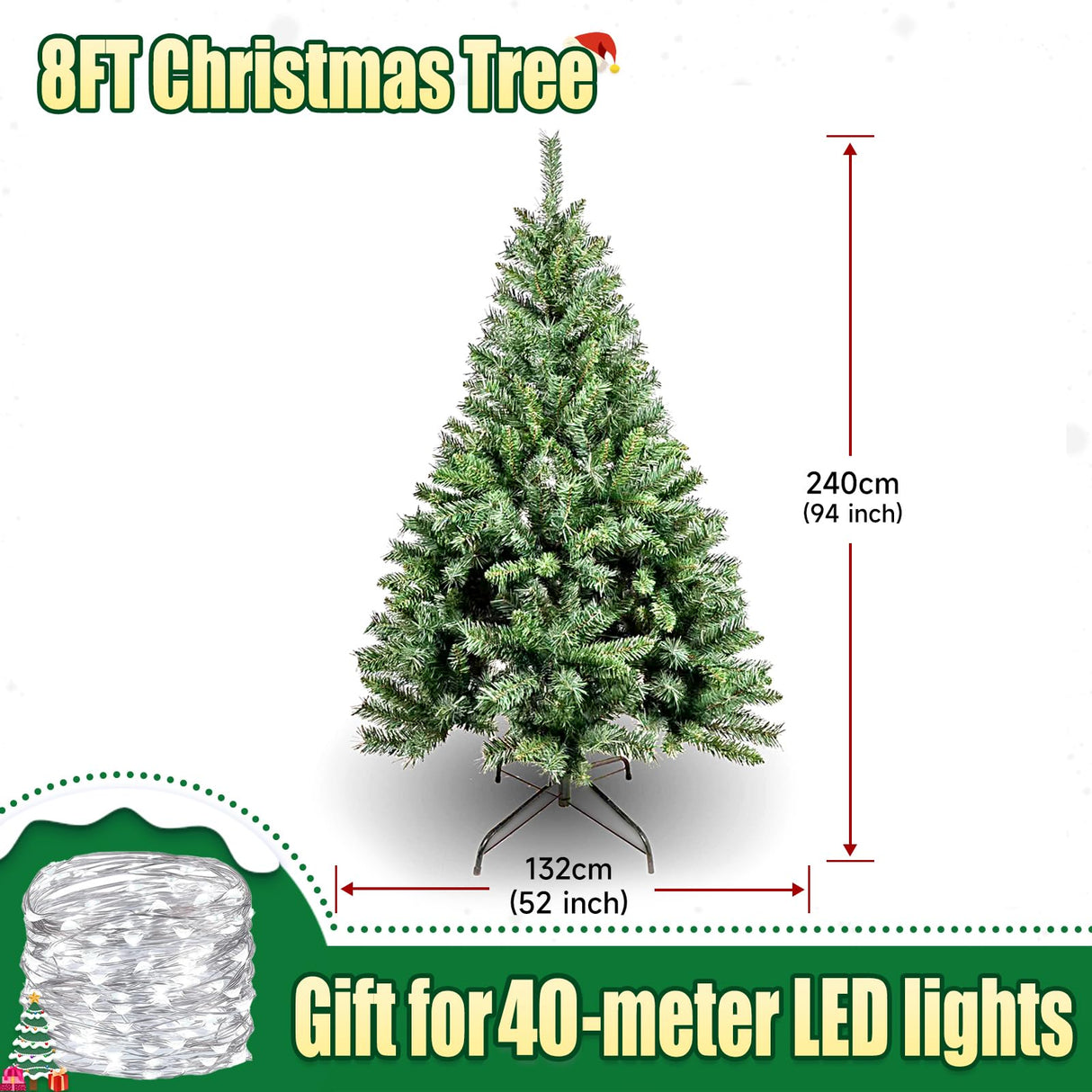 ibidan 8ft Green Artificial Christmas Tree with Led Lights, Premium Foldable Xmas Tree Full with Branch Tips, Faux Christmas Tree with Lights for Bedroom, Corner, Easy Assembly with Metal Stand ibidan