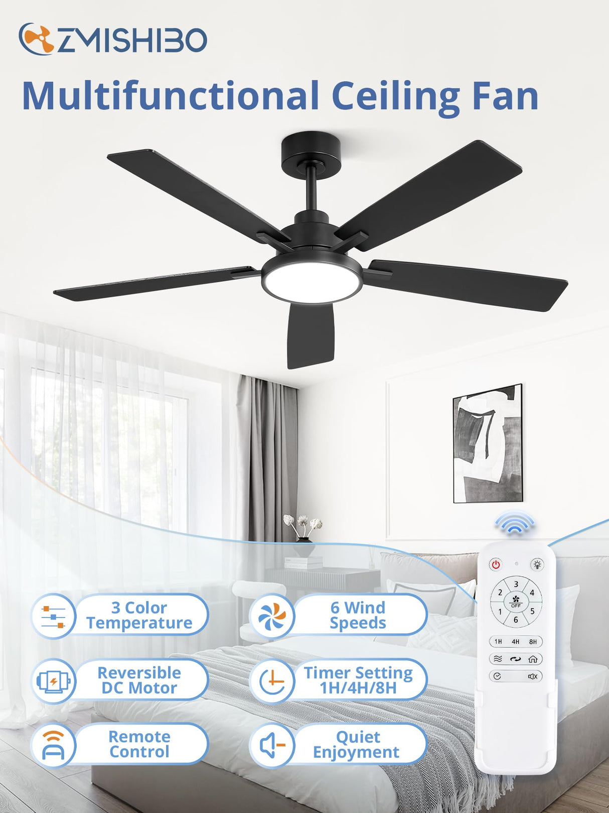 ZMISHIBO Ceiling Fans with Lights and Remote, 52 Inch Black Modern, with 24W 2400LM High Bright LED Light, Quiet Powerful DC Pure Copper Motor for Bedroom, Kitchen, Living Room ZMISHIBO