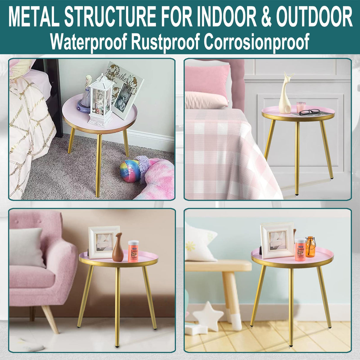 AOJEZOR Night Stands,Small Nightstand Bed Side Table for Kids Room,End Tables Round Nightstand for Bedroom,Pink Metal Tray End Table with Gold Legs Base AOJEZOR