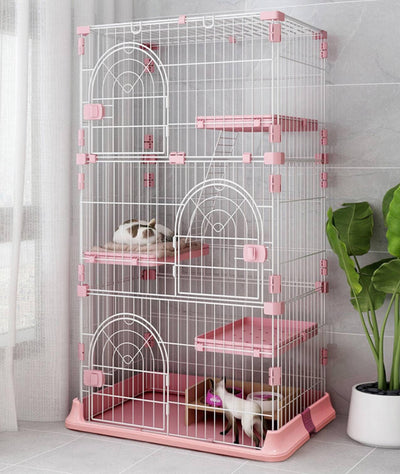 Hamiledyi Indoor Cat Cage 52 Inches Cat Villa Large Pet Crate with 3 Platforms and 1 Ramp Ladders Metal Cat Playpen with 3 Doors Outdoor Cat Enclosures Kitten Cage for Small and Medium Pets (Pink)