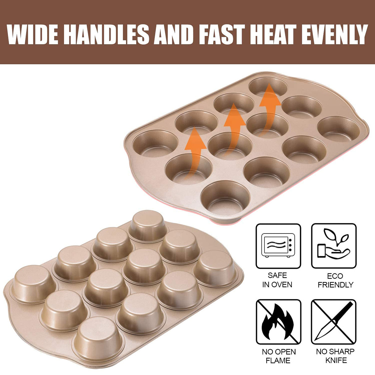 JOHO BAKING Nonstick Muffin Pan, Mini Cupcake Pan Set, Muffin Tins for Baking, 2 Pack, 12-Cup and 24-Cup, Gold JOHO BAKING