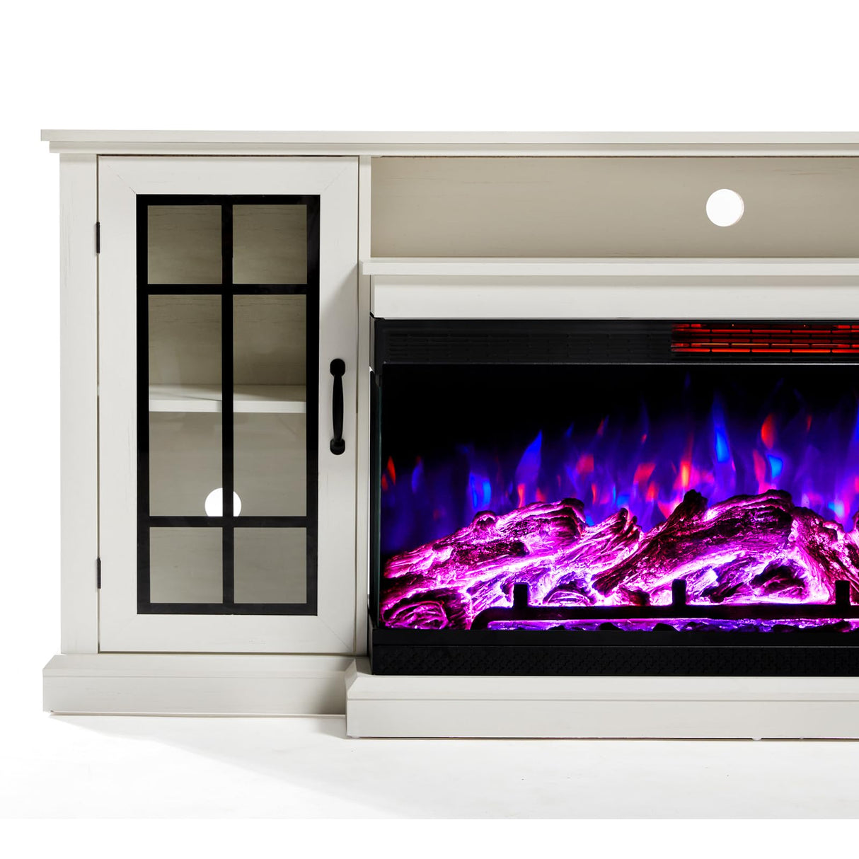 AMERLIFE 75in 3-Sided Glass Fireplace TV Stand for TVs up to 85", Rustic Media Entertainment Center Console Table with Glass Door Closed Storage, Distressed White AMERLIFE