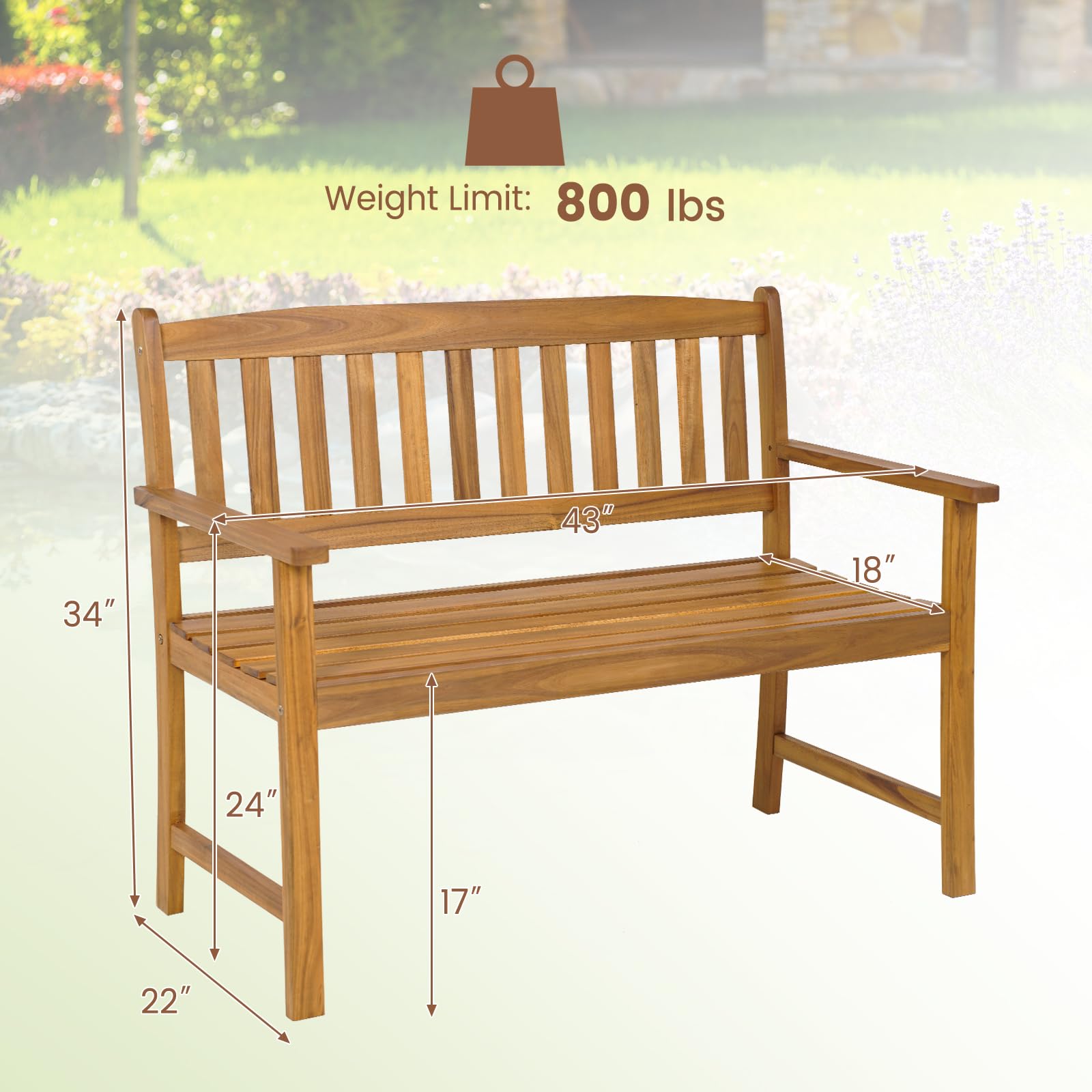 HAPPYGRILL Ergonomic Acacia Wood Loveseat Bench for 2 - Thumbnail 5