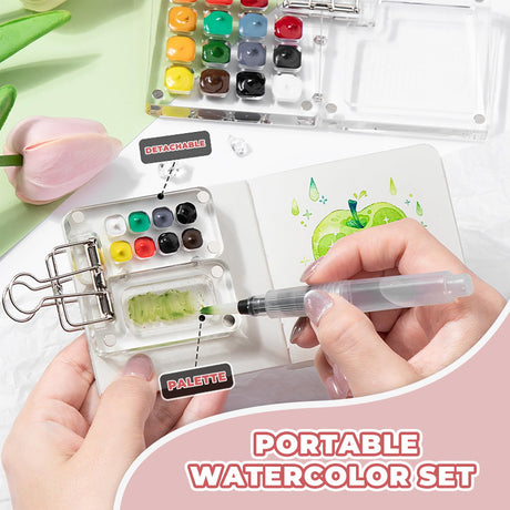 MUZMDNI Mini Watercolor Paint Set Portable, Travel Grid Paint Palette Box with Binder Clips Include 12 Colors Paint, Brush*3 and Picture Album Art Materials Coloring Markers (Brown Wood, S-8 Grids) MUZMDNI