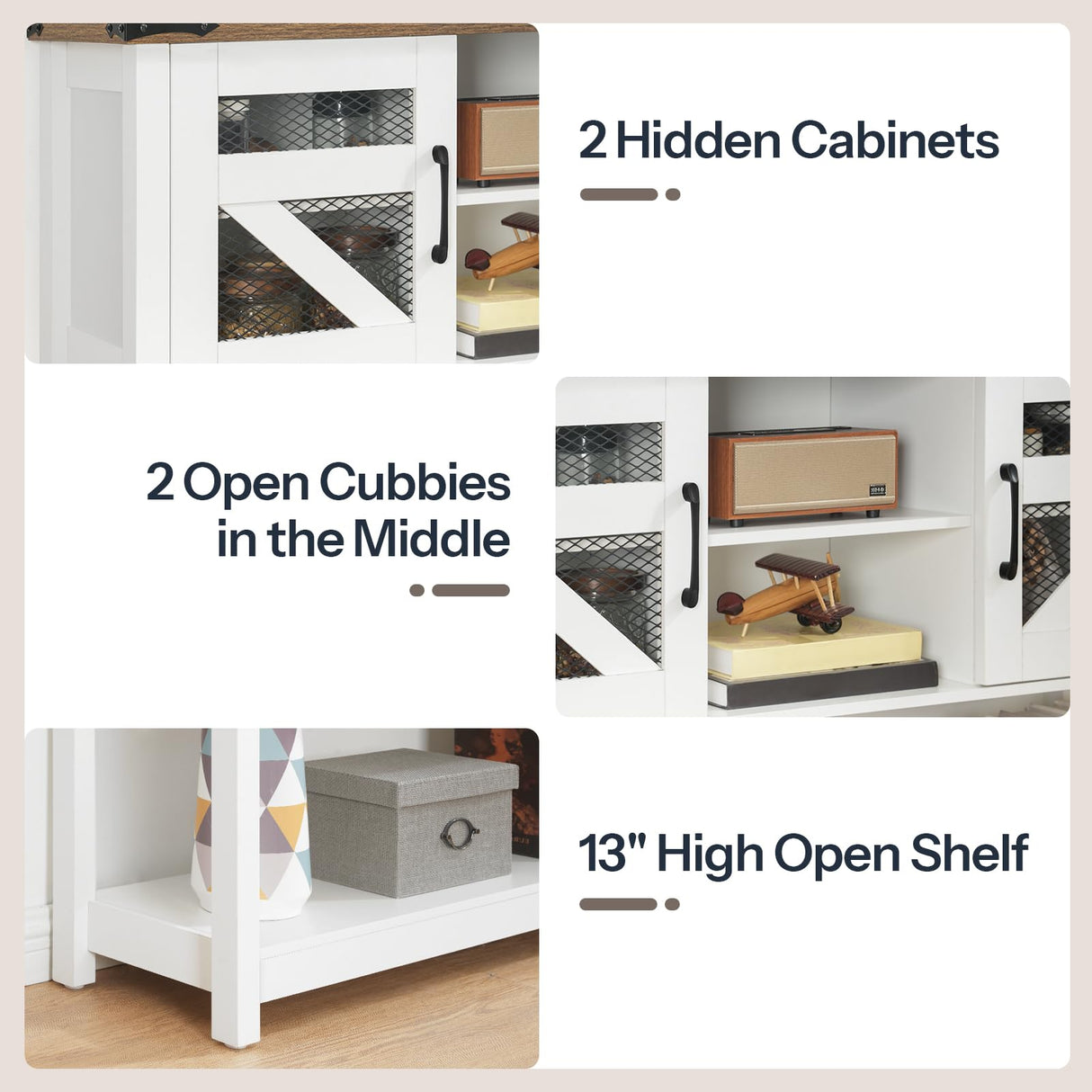 HOOBRO Farmhouse Entryway Table with Storage, 43.3" Small Console Tables for Entryway, Rustic Hallway Table, with Open Shelf and 2 Cabinets, Hall Tables for Entryway Narrow, White and Walnut WH110XG01 HOOBRO