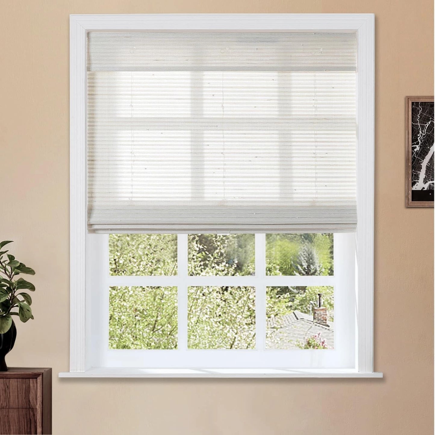 Elegant Marble White Cordless Roman Shade - Custom Light Filtering Bamboo Blinds by TWOPAGES