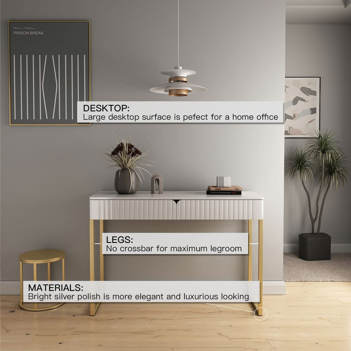 Tamworth Design Elegant Modern Desk, 2 Drawers, Gold Legs, 43.3x15.75 inches, Home Office, Makeup Vanity, Computer, Writing, Study, Entryway, Sofa Table Tamworth Design