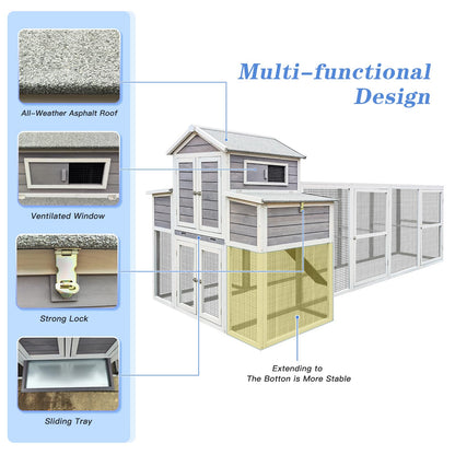 YOPTO 150" Chicken Coop with Two Nesting Boxes and Sliding Door,Outdoor Wooden Extra Large Hen House w/Built-in Slide-Out Tray,Rust-Proof Metal Wire Poultry Cage,5 Perches,Gray