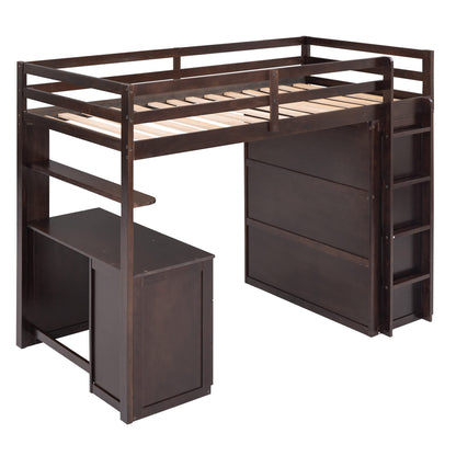 Harper & Bright Designs Twin Loft Bed with Desk and Wardrobe,Solid Wood Loft Bed Frame Twin with Storage Drawers for Kids Teens Adults,No Box Spring Needed,Espresso