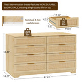 HOPUBUY 8 Drawer Dresser for Bedroom, Rattan Modern Closet Dressers Chest of Drawers, Boho Wood Double Wicker Dresser Storage Closet for Bedroom, Living Room, Entryway (Natural) HOPUBUY