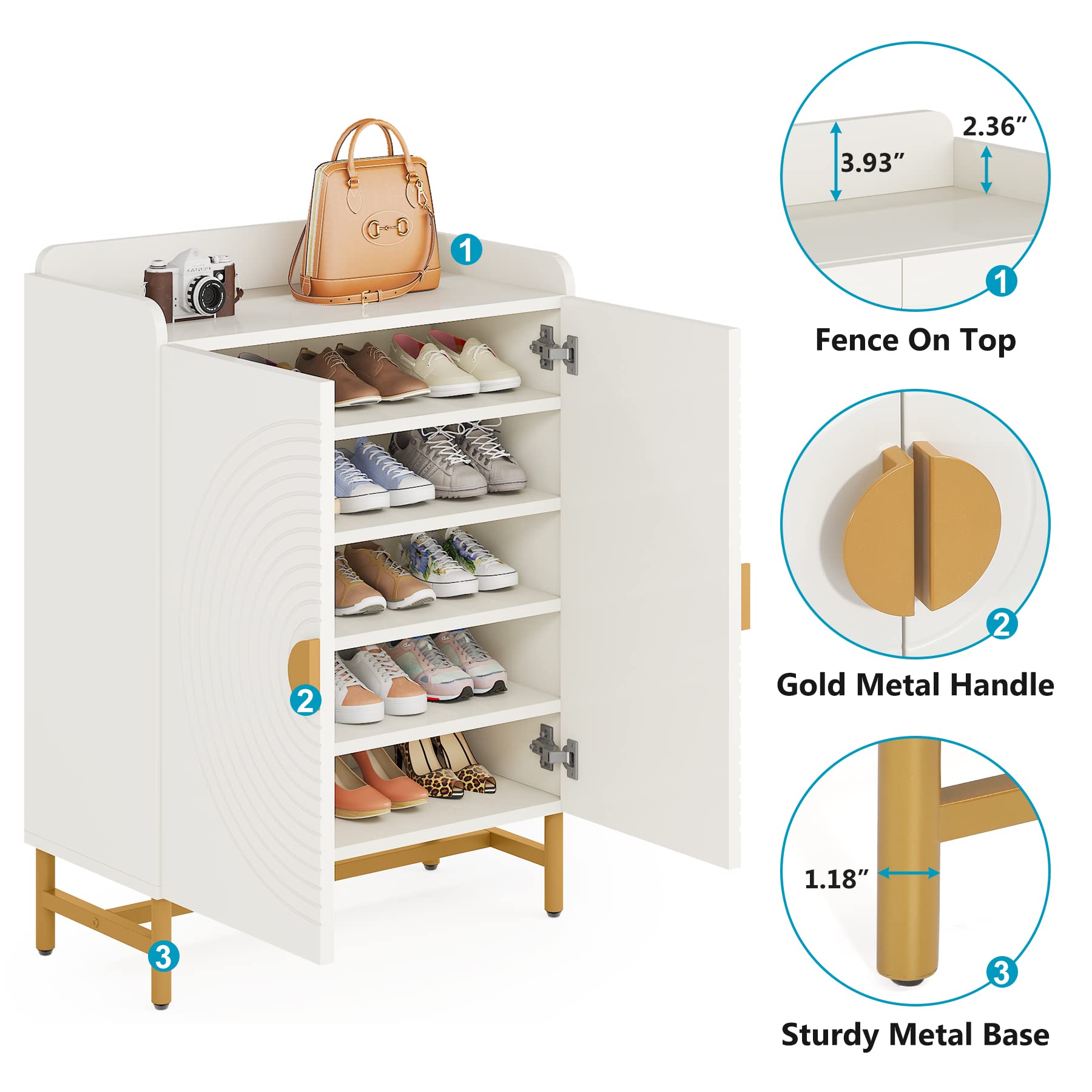 Tribesigns Shoe Cabinet with Doors, 6-Tier Shoe Storage Cabinet with Adjustable Shelves, White Gold Shoes Rack Shoe Storage Organizer for Entryway, Hallway, Closet, Living Room - WoodArtSupply