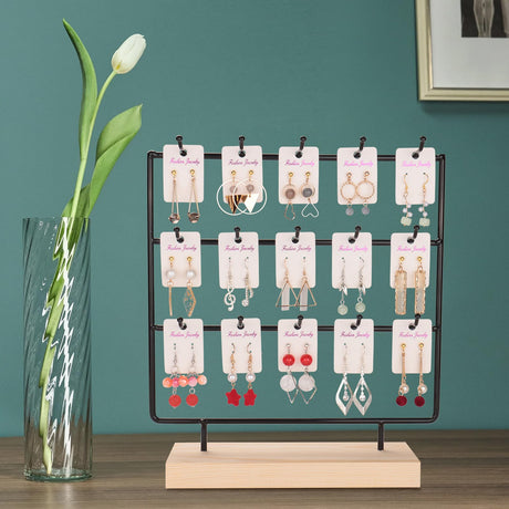 shidaishiye Earring Display Stand for Selling, Wood Earring Rack Tower Display Holder Stand (3 Tier,15 Hooks, Black) shidaishiye