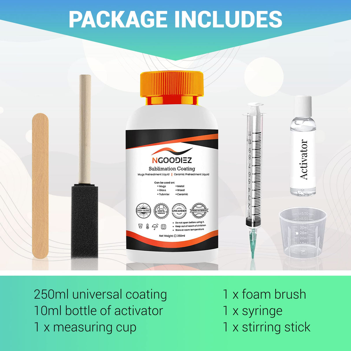 NGOODIEZ Sublimation Coating Bundle - 100ml Sublimation Coating Spray + 250ml Sublimation Coating for Mugs and Hard Surfaces, High Gloss Finish, Quick Dry Formula, Super Adhesive NGOODIEZ