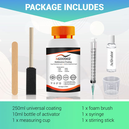 NGOODIEZ Sublimation Coating Bundle - 100ml Sublimation Coating Spray + 250ml Sublimation Coating for Mugs and Hard Surfaces, High Gloss Finish, Quick Dry Formula, Super Adhesive