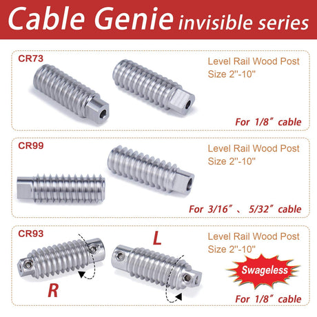 [Patent] Muzata 20 Pack 1/8" Invisible Cable Railing Kit Hardware Swage Lag Screw Hidden for 4x4 6x6 8x8 Wood Posts T316 Stainless Steel Deck Cable Railing System 10 Pairs CR73 Muzata