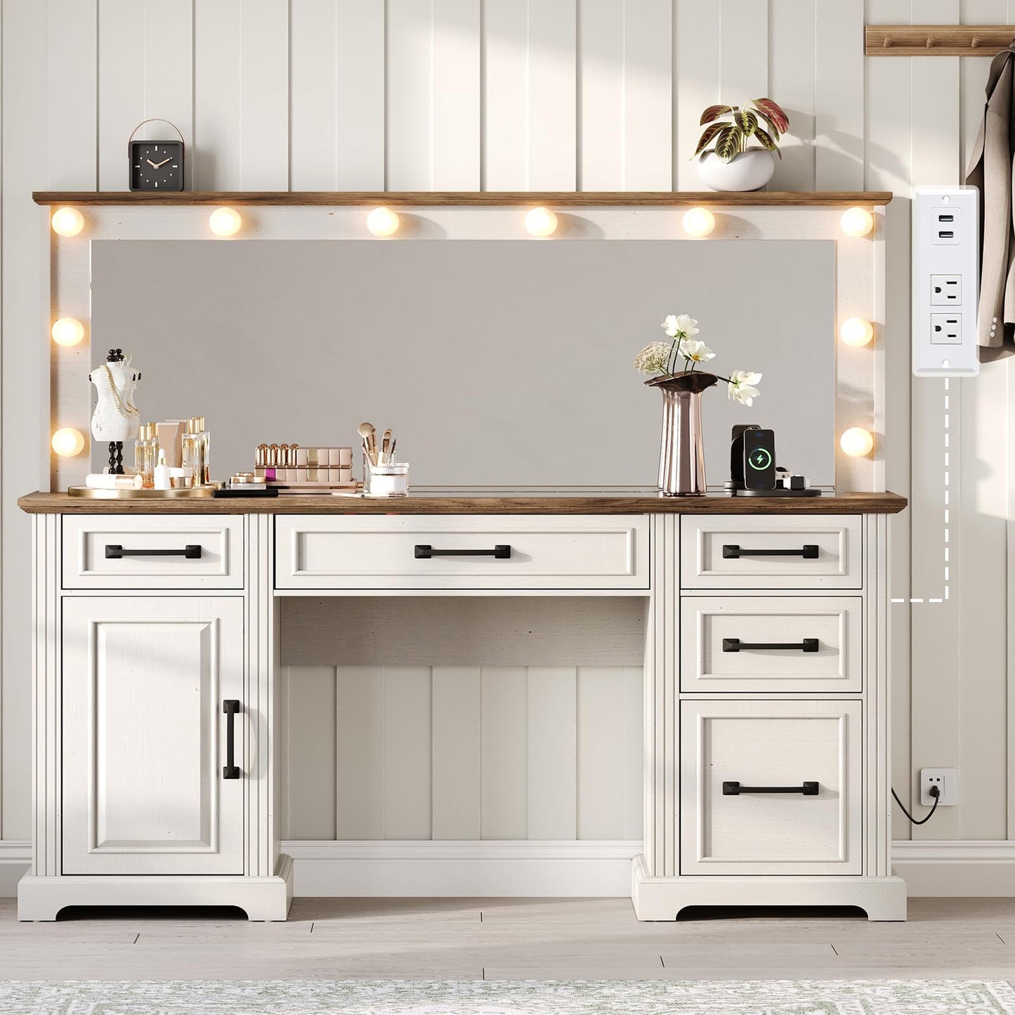 YUMPIE 55" Farmhouse Vanity Desk with Large Mirror & Lights, Glass Top Large Makeup Vanity Table with 10 Hollywood Lights Bulbs, Charging Station, 5 Drawers, Dressing Table for Bedroom, Rustic White