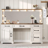 YUMPIE 55" Farmhouse Vanity Desk with Large Mirror & Lights, Glass Top Large Makeup Vanity Table with 10 Hollywood Lights Bulbs, Charging Station, 5 Drawers, Dressing Table for Bedroom, Rustic White YUMPIE