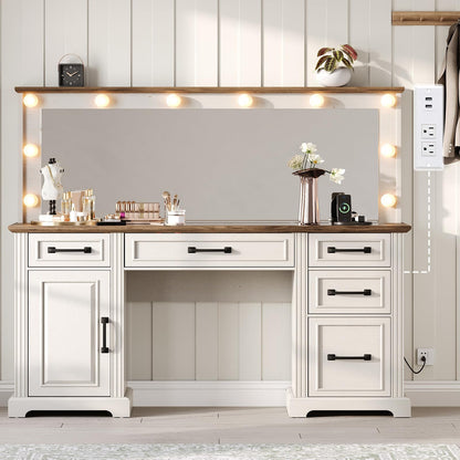 YUMPIE 55" Farmhouse Vanity Desk with Large Mirror & Lights, Glass Top Large Makeup Vanity Table with 10 Hollywood Lights Bulbs, Charging Station, 5 Drawers, Dressing Table for Bedroom, Rustic White