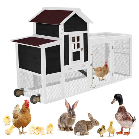 Ecolinear 80” Mobile Chicken Coop for 1-2 Chickens with Wheels,Outdoor Wooden Hen House with Nesting Box,Large Rabbit Hutch, Outside Poultry House,Wire Fence Run Cages,Weatherproof for Backyard,Black ECOLINEAR