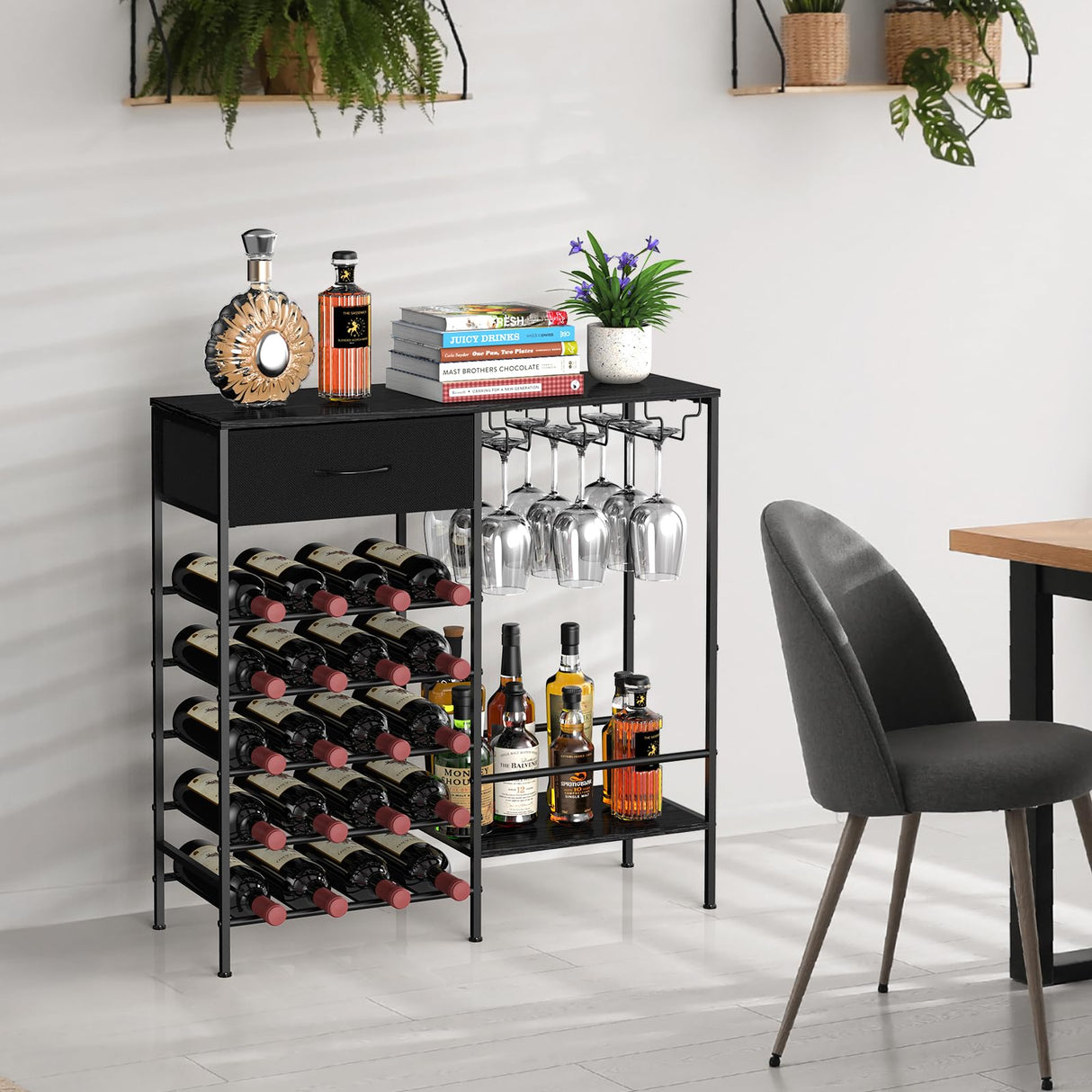 MOOACE Wine Rack Freestanding Floor, Wine Bar Cabinet with Wine Storage and Glass Holder, Mini Home Bar for Liquor Cabinet, Coffee Bar Storage for Kitchen, Dining Room, Living Room, Black MOOACE