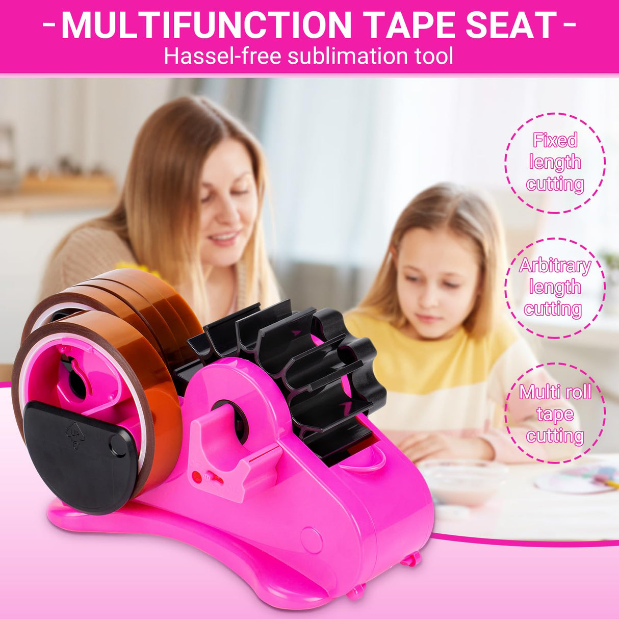 THINKLEARN Pink Heat Tape Dispenser Sublimation - Heat Transfer Tape Dispenser with Cutting Set, 1 '' & 3'' Core, Multi-Roll Cut Tape Dispenser for Crafting, PreCut 1.4'' Pieces ThinkLearn