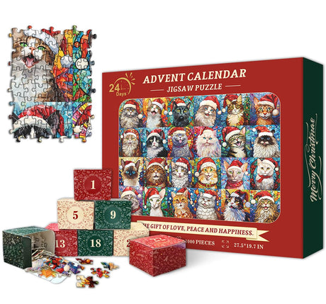 PICKFORU Christmas Advent Calendar 2024 Puzzles for Adults 1000 Pieces, Cat Mosaic Stained Glass Puzzle Countdown Calendar, Colorful Animal Christmas Jigsaw Puzzles as Home Decor PICKFORU