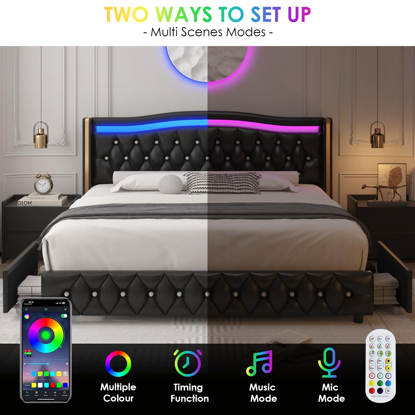 HIFIT King Smart LED Platform Bed Frame with 4 Storage Drawers & Wingback Headboard in Black - WoodArtSupply