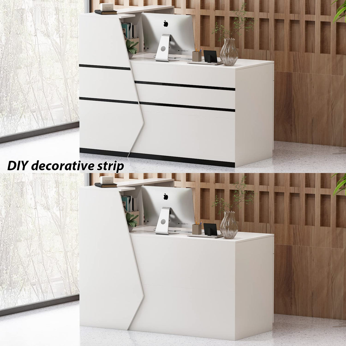 AGOTENI Reception Desk, Front Counter Desk with Lockable Drawer & Bookshelf, L Shape Reception Table Wooden Computer Table for Office, Black AGOTENI