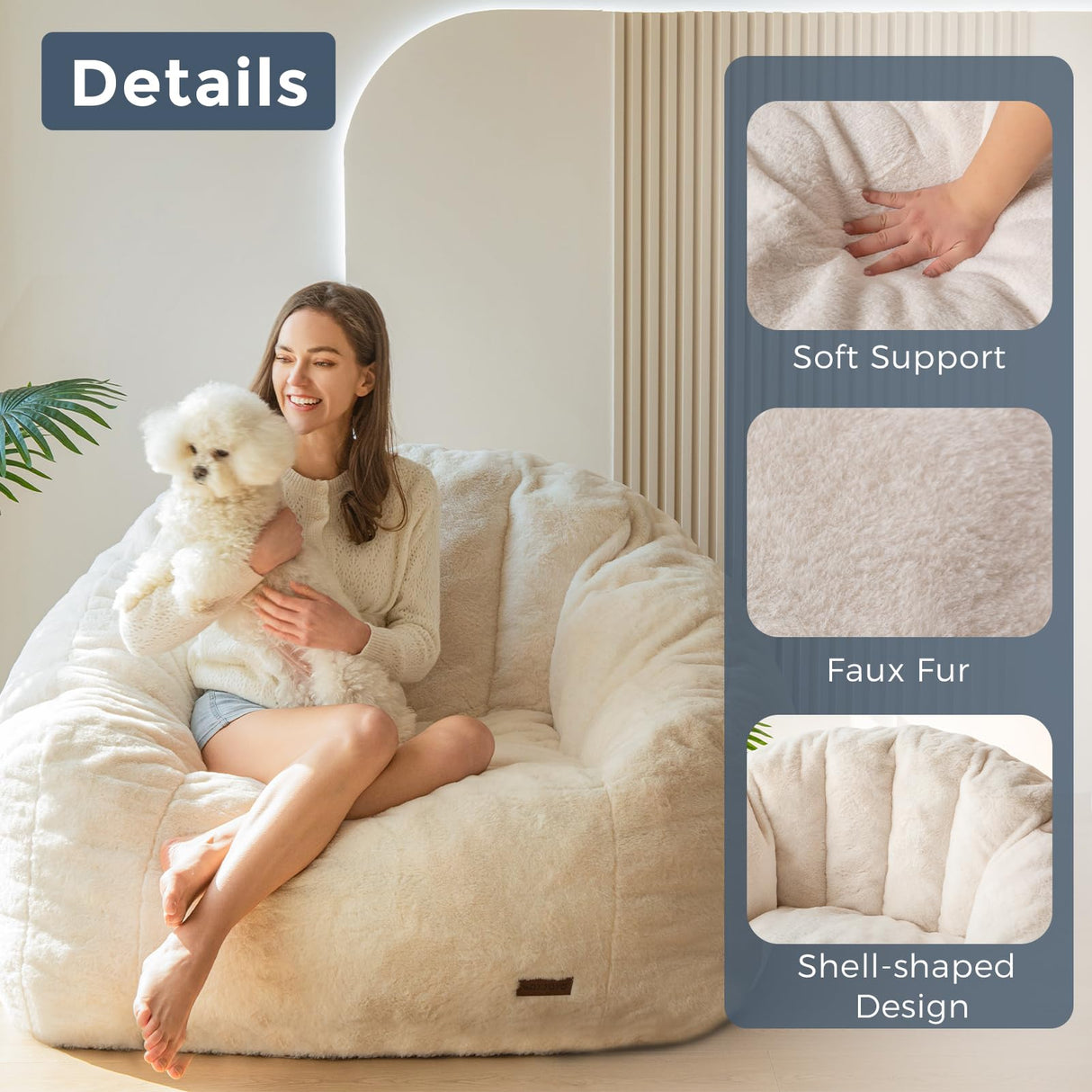 MAXYOYO Giant Bean Bag Chair, Oversized Bean Bag Couch for Adults and Kids, Faux Fur Shell-Shaped Large Bean Bag Chair with Filler, Stuffed Big Accent Sofa Chair Floor Sofa for Gaming, Reading, Beige MAXYOYO