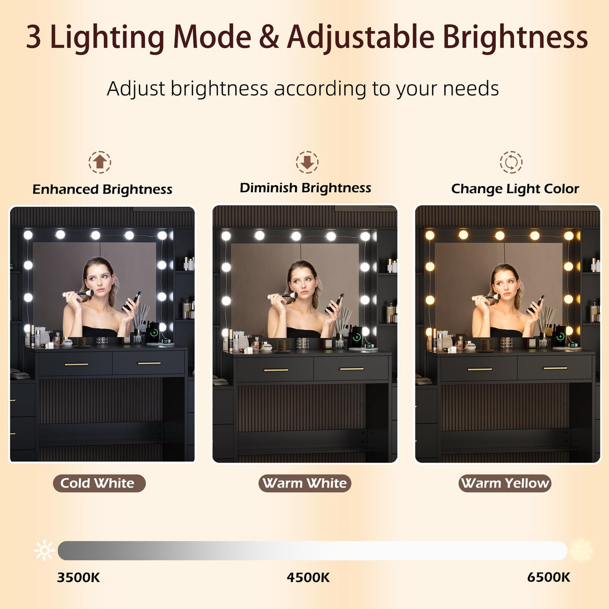 Makeup Vanity Desk with Mirror & Lights, 58.3" Makeup Vanity with Lights & Charging Station, Dressing Table Vanity Set for Bedroom, White Vanity Table with Cushioned Stool, 8 Drawers & 2 Cabinet Black TOKSOM