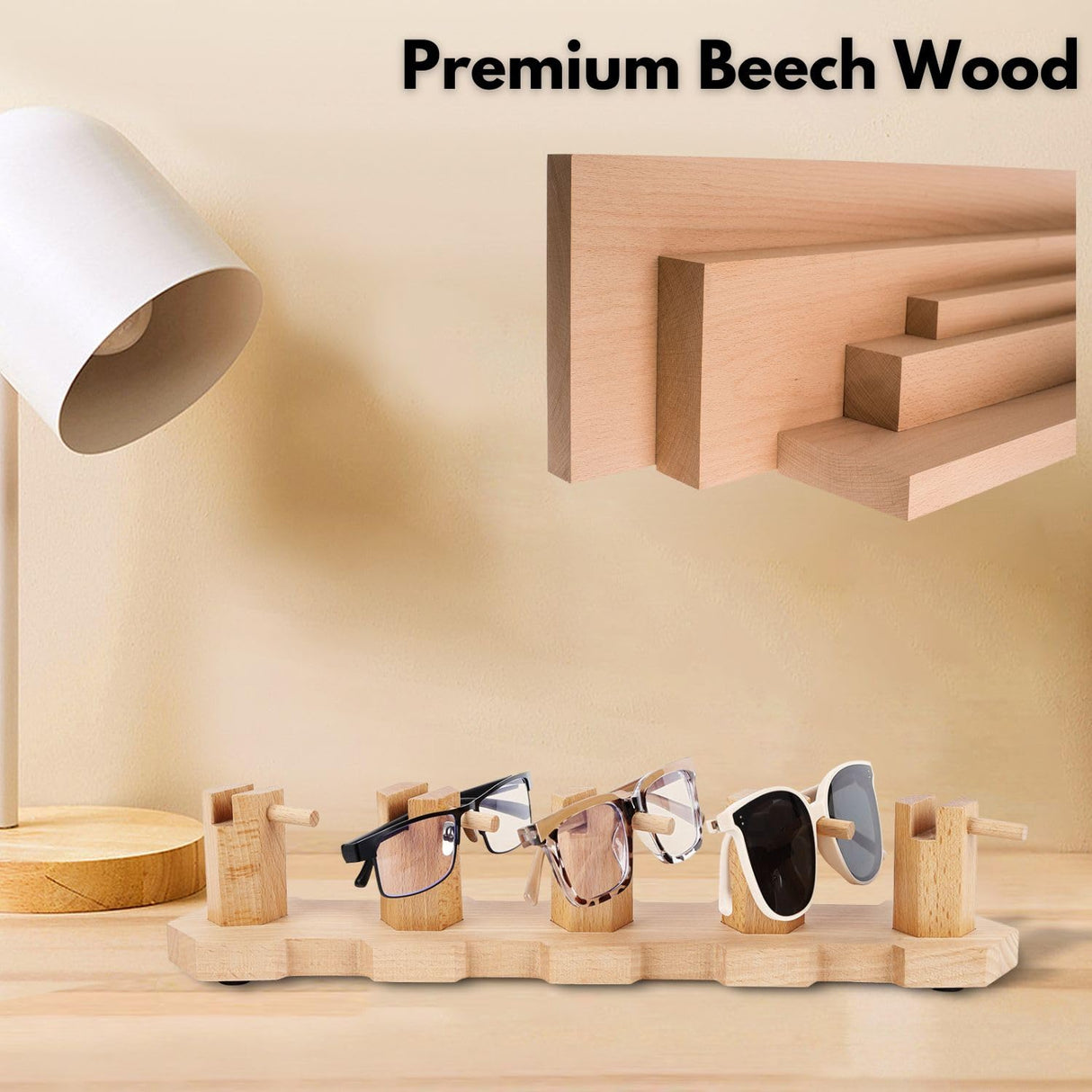 VOREN Beechwood Sunglasses Organizer Stand – Premium Eyeglass Storage Rack for 5 Pairs | Stable, No-Assembly Glasses Holder & Sunglass Display for Desk, Counter VOREN