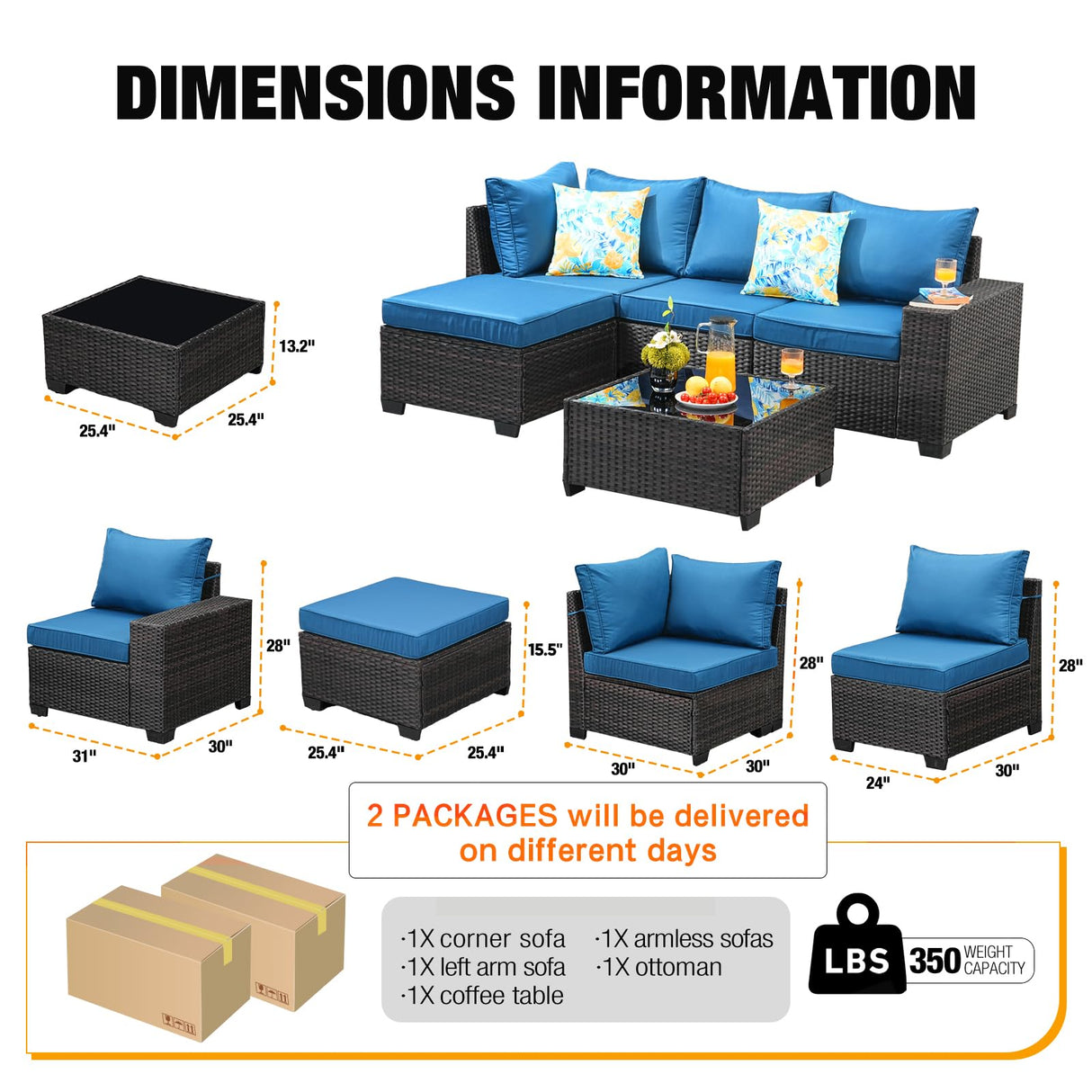 JOYURE 5 Pieces Patio Furniture Set All-Weather Outdoor Wicker Sectional Conversation Sofa Rattan Patio Seating Sofa with Cushion and Glass Table and Ottoman for Porch Poolside,Peacock Blue JOYURE