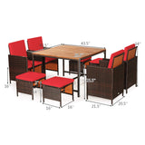COSTWAY 9PCS Patio Rattan Dining Set Cushioned Chairs Ottoman Wood Table Top Red COSTWAY