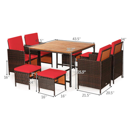 COSTWAY 9PCS Patio Rattan Dining Set Cushioned Chairs Ottoman Wood Table Top Red